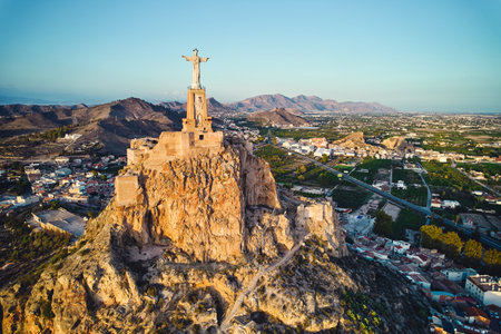 Monteagudo statue monument atop of rugged hillの写真素材