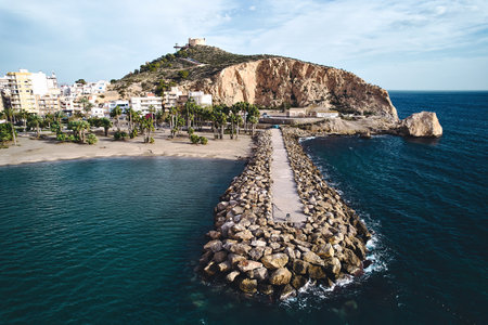 Drone point of view to Aguilas town, province of Murcia. Spain. Aerial shot of pier extending into Mediterranean Sea, surrounded by turquoise water and framed by sandy palm tree lined beach. Spainの写真素材