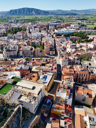 Aerial shot, drone point of view of ancient spanish city of Orihuelaの写真素材