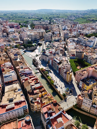Aerial shot, drone point of view of ancient spanish city of Orihuelaの写真素材