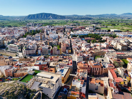 Aerial shot, drone point of view of ancient spanish city of Orihuelaの写真素材