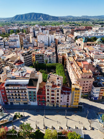 Aerial shot, drone point of view of ancient spanish city of Orihuelaの写真素材