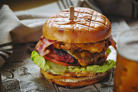 Close-Up of Gourmet Burger with Bacon and Melted Cheese on Rustic Backgroundの写真素材