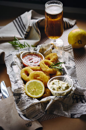 Close-up of served crispy calamari rings