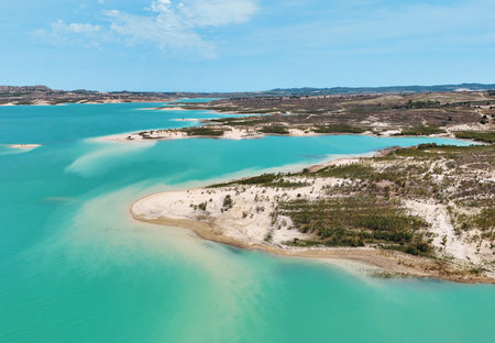 Aerial view of Embalse de La Pedrera reservoirの写真素材