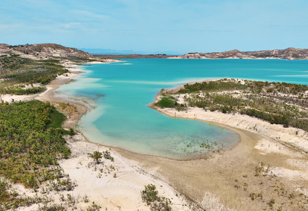 Aerial view of Embalse de La Pedrera reservoirの写真素材