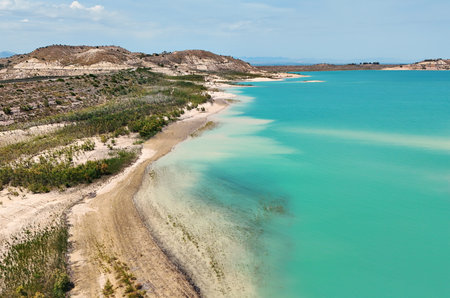 Aerial view of Embalse de La Pedrera reservoirの写真素材
