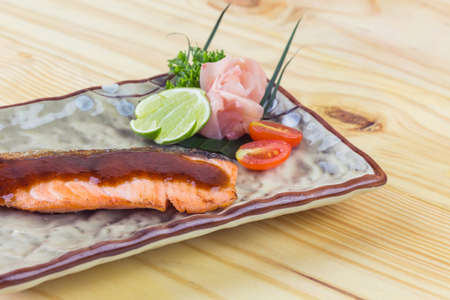 Grilled Salmon with garlic and herb by lemonの写真素材