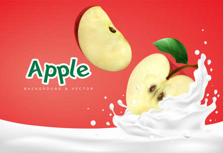 Red apple falling into the yogurt splash. 3d vector illustration.のイラスト素材