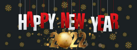 2022 Happy New Year illustration with typography lettering and Christmas ball on dark background....