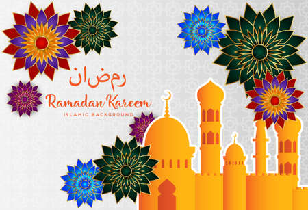 Ramadan Kareem banner with 3d metallic golden crescent moon, paper cut abstract arabesque flowers and Arabic handwritten calligraphy. Translation Ramadan Kareem. Vector.のイラスト素材