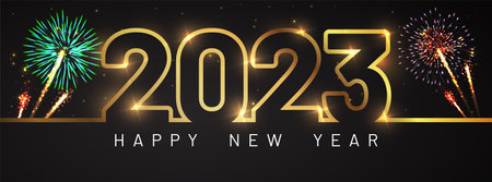 Happy new 2023 year Elegant text with light effect and fireworks.