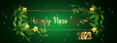 Happy New Year 2023 - New Year Shining background with marijuana leaf. Vector illustration.
