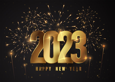 Happy New Year of glitter gold fireworks. Vector golden glittering text and 2023 numbers with...