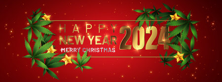 Happy New Year 2024 - New Year Shining background with marijuana leaf. Vector illustration.のイラスト素材