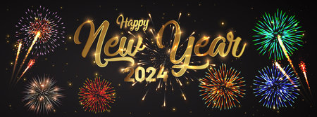 Happy new 2024 year Elegant text with light effect and fireworks.のイラスト素材