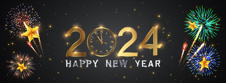 Happy new 2024 year Elegant gold text with fireworks, clock and light. Minimalistic text template.