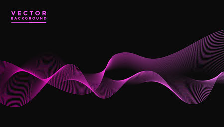 Smooth wavy lines, bright pink, small wave elements, black background, designed with soft yet elegant textured materials.のイラスト素材