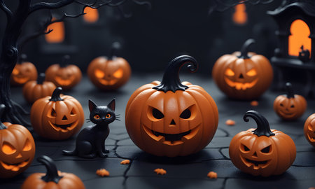 Halloween Pumpkin Illustration 3D Art Animated Banner, Digital Background, Wall Art, Invitation Card, Website Design, Background Graphic - Artwork generated by AIの素材