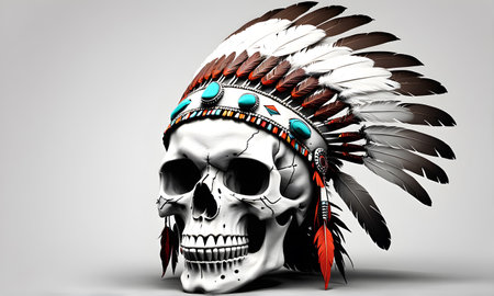Native Skull Feathered Headdress Digital Art Animated Banner, Wall Art, Website Design, Background Graphic - Artwork generated by AIの素材