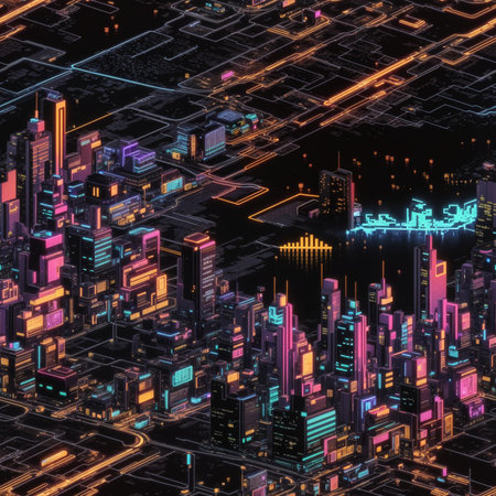 Abstract Cyberpunk City Skyline Background Seamless Pattern Colorful Digital Artwork, Wall Art, Background, Merch Shop, Design Template - generated by aiの素材