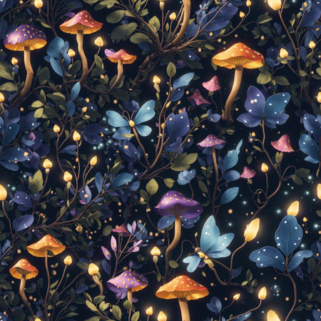 Glowing Night Mushrooms Art Seamless Pattern Colorful Digital Artwork, Wall Art, Background, Merch Shop, Design Template - generated by aiの素材