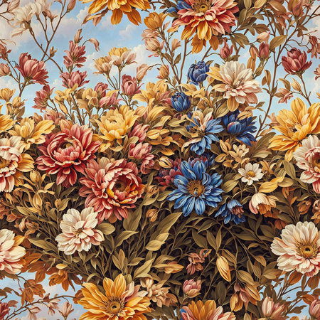 Vintage Flower Bouquet Old Painting Seamless Pattern Colorful Digital Artwork, Wall Art, Floral Background, Merch Shop, Design Template - generated by aiの素材