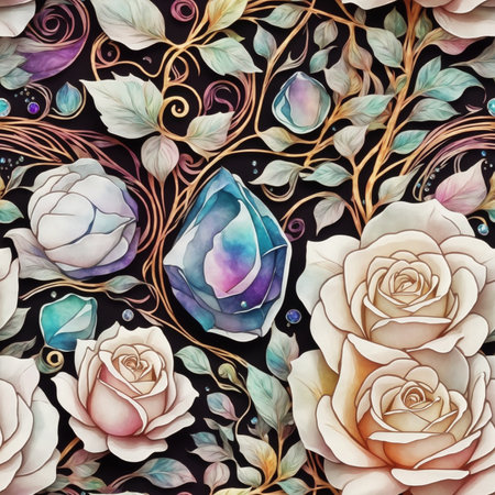 Jewelry Crystal Roses Flowers Painting Seamless Pattern Colorful Digital Artwork, Wall Art, Floral Background, Merch Shop, Design Template - generated by aiの素材