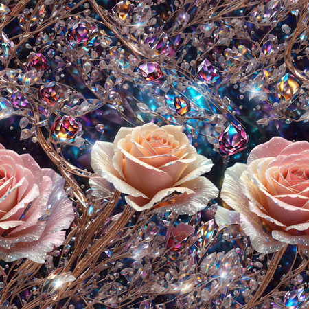 Jewelry Crystal Render Roses Flowers Seamless Pattern Colorful Digital Artwork, Wall Art, Floral Background, Merch Shop, Design Template - generated by aiの素材