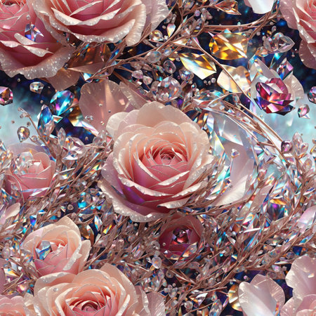 Jewelry Crystal Render Roses Flowers Seamless Pattern Colorful Digital Artwork, Wall Art, Floral Background, Merch Shop, Design Template - generated by aiの素材