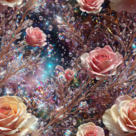 Jewelry Crystal Render Roses Flowers Seamless Pattern Colorful Digital Artwork, Wall Art, Floral Background, Merch Shop, Design Template - generated by aiの素材