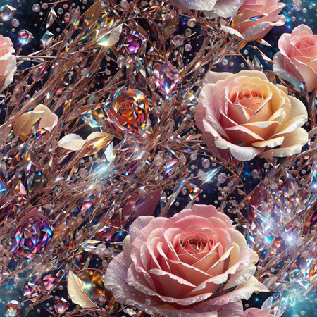 Jewelry Crystal Render Roses Flowers Seamless Pattern Colorful Digital Artwork, Wall Art, Floral Background, Merch Shop, Design Template - generated by aiの素材