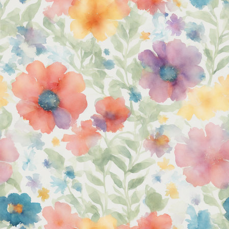Retro Watercolor Flowers Painting Seamless Pattern Colorful Digital Artwork, Wall Art, Floral Background, Merch Shop, Design Template - generated by aiの素材