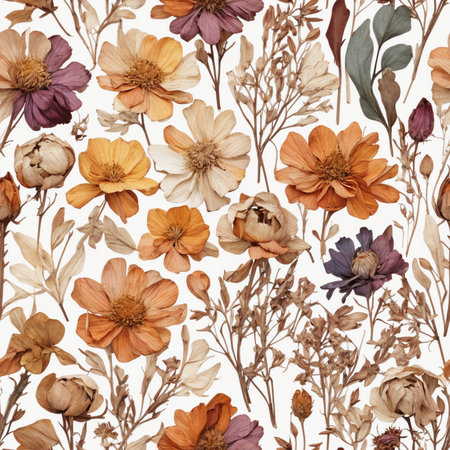 Retro Vintage Dried Isolated Flowers Seamless Pattern Colorful Digital Artwork, Wall Art, Floral Background, Merch Shop, Design Template - generated by aiの素材