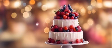 Cake with Bokeh Background, Banner Graphic Design, Bakery Candy Gift Card Template, Digital Backdrop for Website, Decorations or your Print on Demand Business - generated by AIの素材