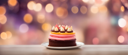 Cake with Bokeh Background, Banner Graphic Design, Bakery Candy Gift Card Template, Digital Backdrop for Website, Decorations or your Print on Demand Business - generated by AIの素材