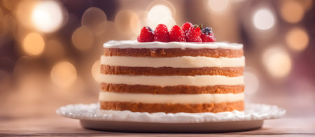 Cake with Bokeh Background, Banner Graphic Design, Bakery Candy Gift Card Template, Digital Backdrop for Website, Decorations or your Print on Demand Business - generated by AIの素材