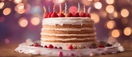 Cake with Bokeh Background, Banner Graphic Design, Bakery Candy Gift Card Template, Digital Backdrop for Website, Decorations or your Print on Demand Business - generated by AIの素材