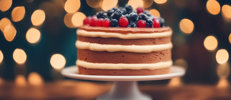 Cake with Bokeh Background, Banner Graphic Design, Bakery Candy Gift Card Template, Digital Backdrop for Website, Decorations or your Print on Demand Business - generated by AIの素材