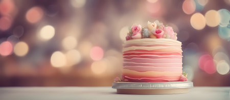 Cake with Bokeh Background, Banner Graphic Design, Bakery Candy Gift Card Template, Digital Backdrop for Website, Decorations or your Print on Demand Business - generated by AIの素材