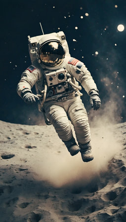 Astronaut Jumping on Moon Cinematic Background Digital Epic Space Art Design for Wall Art, Merch, Card, Decorations or your Print on Demand Business - generated by AIの素材