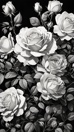 Blooming Roses Black White Flower Bouquet Background Floral Wall Art Card Design for Celebration, Merch, Websites, Decorations or your Print on Demand Business - generated by AIの素材