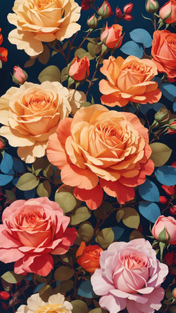 Blooming Roses Colorful Flower Bouquet Background Floral Wall Art Card Design for Celebration, Merch, Websites, Decorations or your Print on Demand Business - generated by AIの素材