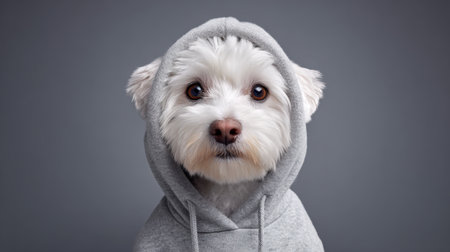 A cute fluffy dog wearing a gray hoodie poses with a serious expression, creating a humorous and trendy look. Perfect for pet-themed designs and promotions.の素材