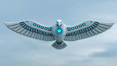 A stunning visual of a futuristic robotic bird gliding through a cloudy sky, representing the intersection of nature and technology. Perfect for innovation themes.の素材