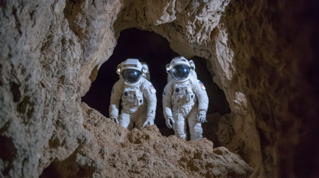 Two astronauts stand at the entrance of a dark cave on an alien world, surrounded by intriguing rock formations and ethereal lighting, showcasing exploration and discovery.の素材