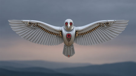 A stunning portrayal of a futuristic mechanical owl soaring through the air, showcasing intricate wing designs and a captivating dusk backdrop that highlights its unique features.の素材