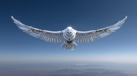 A stunning futuristic robotic owl soars gracefully through a bright blue sky, representing the seamless blend of advanced technology and the beauty of nature.の素材