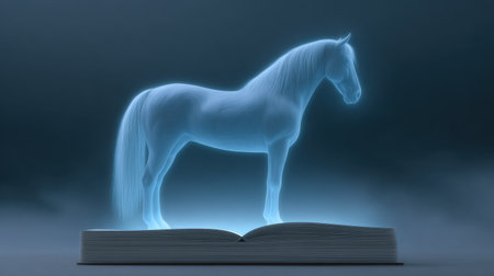 An ethereal blue horse sculpture emerges from an open book, creating a mystical and imaginative scene that symbolizes creativity and knowledge.の素材