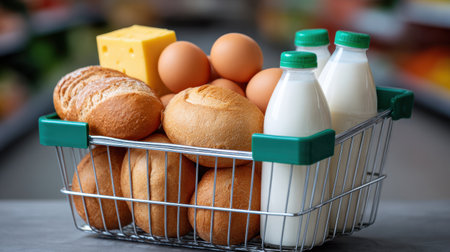 A shopping basket filled with various fresh groceries including bread, eggs, cheese, and milk, perfect for meal preparation and healthy eating.の素材